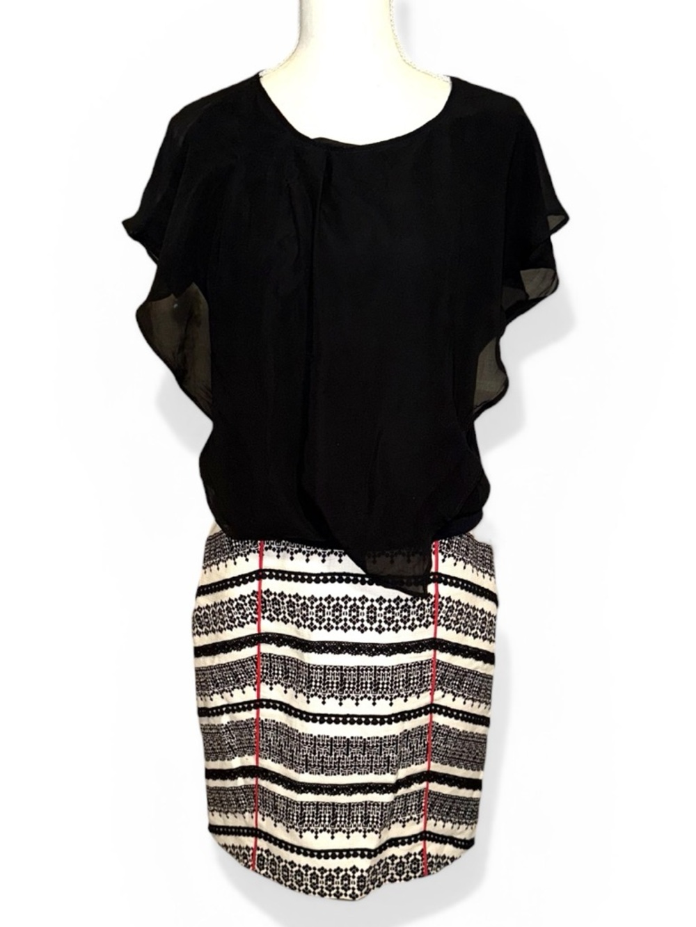 Anthropologie Tabitha Black, White & Red Patterned embellished trim Pencil Skirt